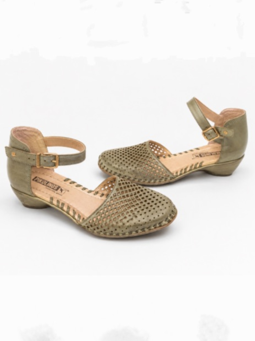 Pikolinos Gomera Green Perforated Leather Maryjane Shoes